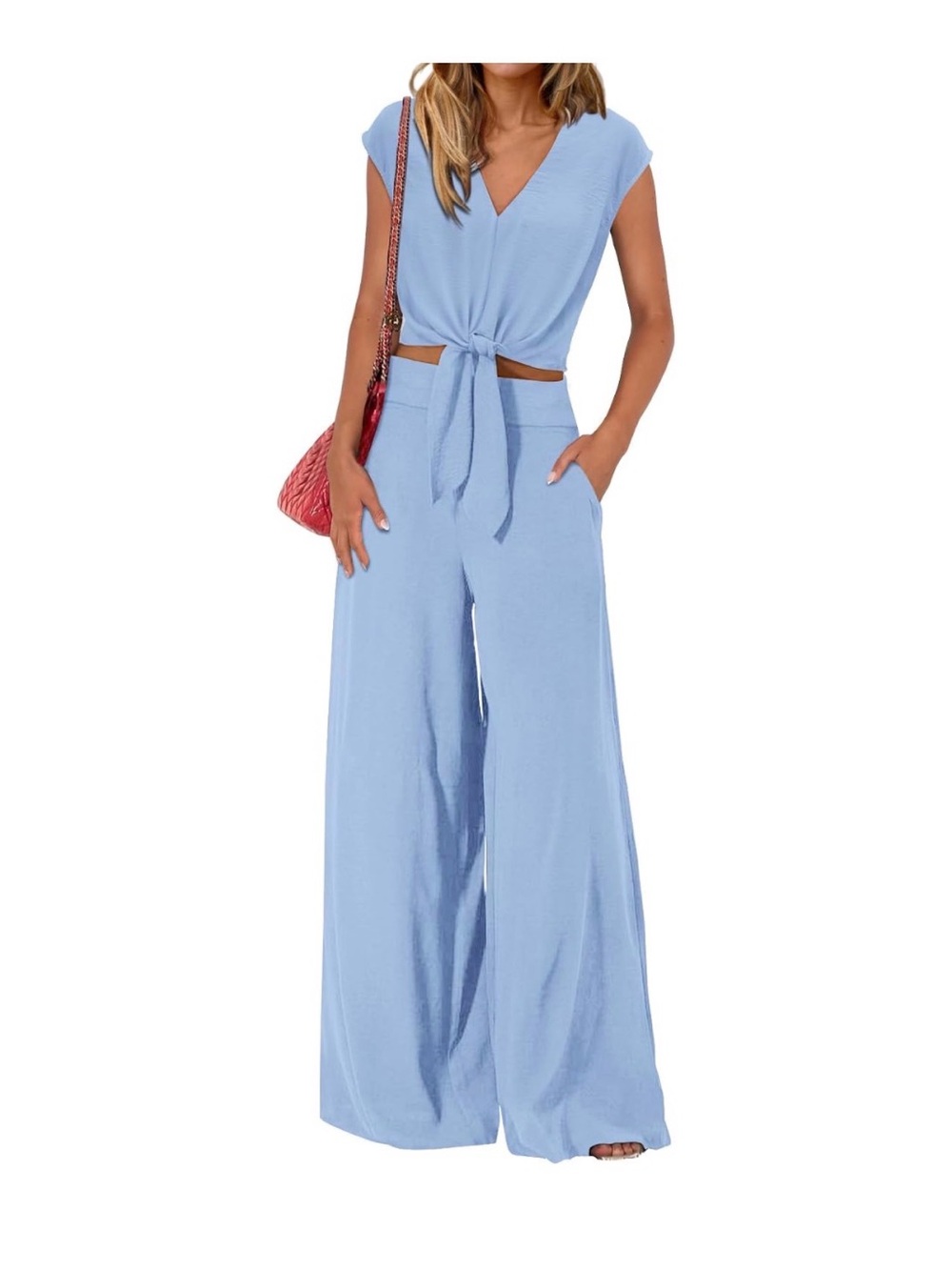 Wide-Leg Tie-Front Two Piece in Light Blue